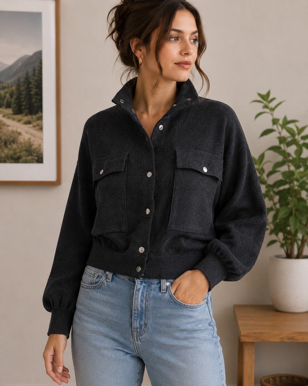 Marled Black Viscose Blend Knit Shacket Snap Front Utility Jacket Sz S NWOT
